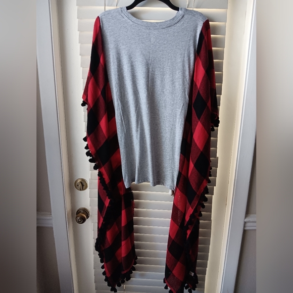 Upcycled Joyful Gray and Red Plaid Tshirt/Poncho - Picture 4 of 5